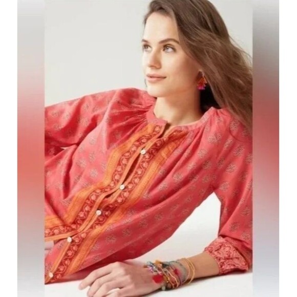 J. Jill Strawberry Boho Voile Floral Button Down Top S Petite Cotton Batik - Picture 1 of 6